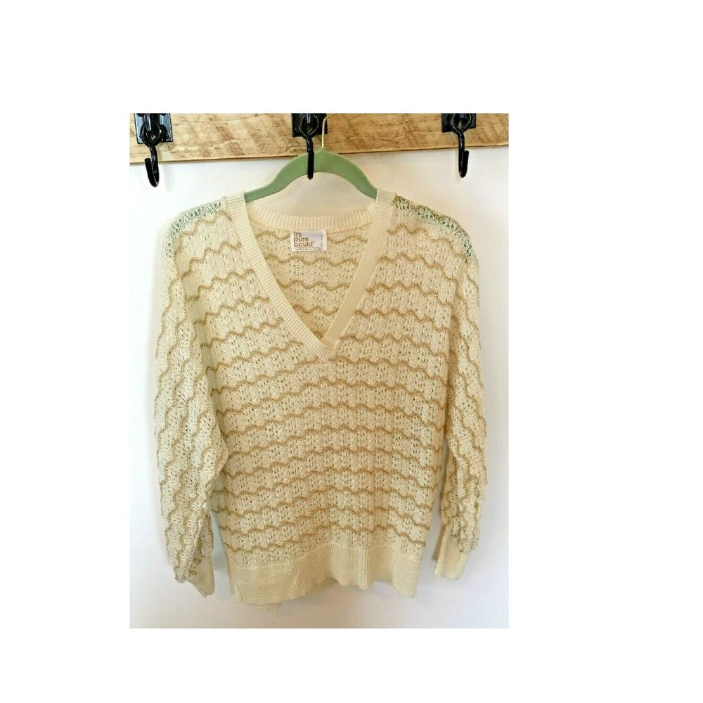 Vtg Holiday Sweater Ivory Off-White & Gold Dressy Pointelle V-Neck 1980's USA